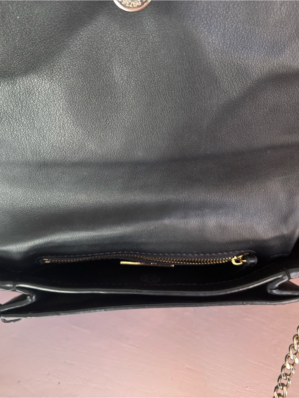 Tory Burch Isabella Clutch- Black Leather Logo Chain Crossbody - Picture 6 of 16